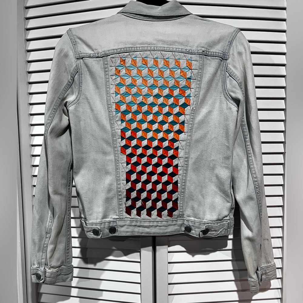 Women's Geometric Patterned Jean Jacket - Gray and Multicolor